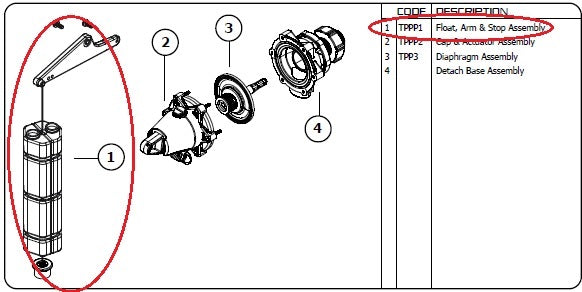 Topaz Partfill Valve Float Assembly and arm. MPN J-TPPP1