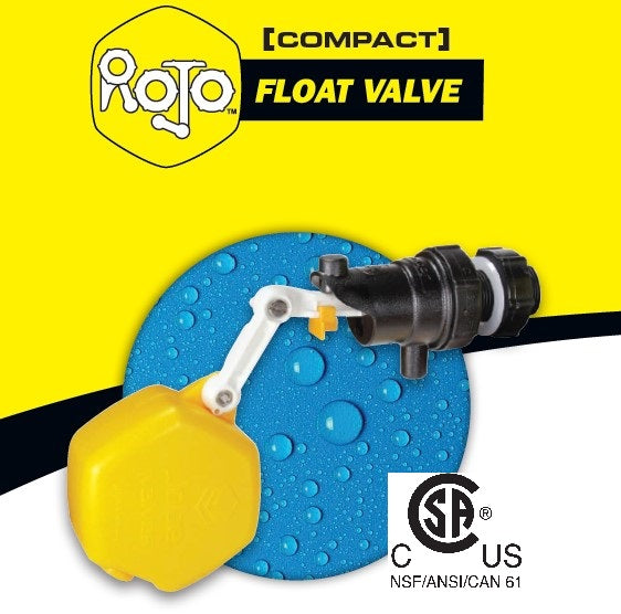 The image shows a compact float valve with a yellow float and black body, branded with the Jobe Valves logo and labeled as 'Compact' and 'ROJO Float Valve'. There are water droplets around the float, emphasizing the valve's function for water level control.