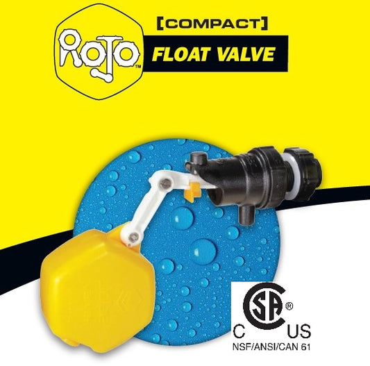 The image shows a compact float valve with a yellow float and black body, branded with the Jobe Valves logo and labeled as 'Compact' and 'ROJO Float Valve'. There are water droplets around the float, emphasizing the valve's function for water level control.
