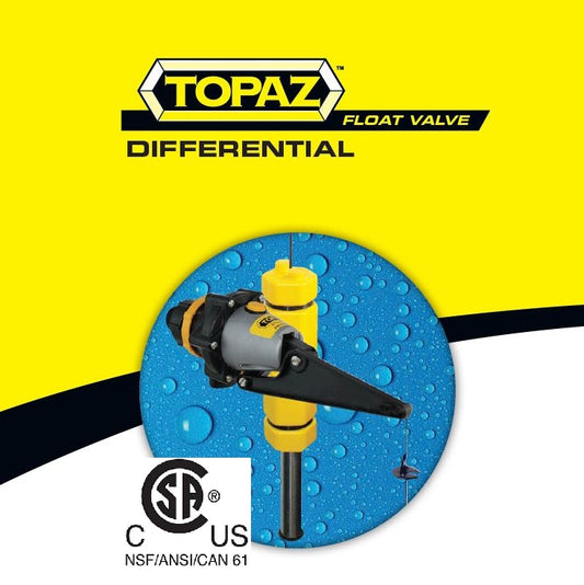 An advertisement image featuring the Topaz Differential Float Valve by Jobe Valves, displaying the product with water droplets around it, and certification logos.