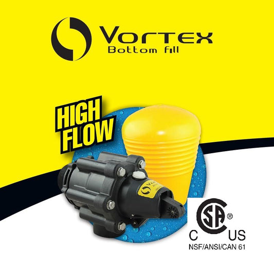 Jobe Valves Vortex Bottom Fill Float Valve, featuring a yellow float and black valve body, with high flow text and certification logos.
