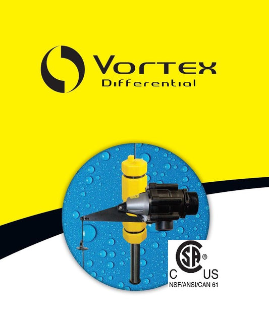 Jobe Valves Vortex Differential Float Valve, with yellow and black color scheme, against a white background with water droplets around it. It has the 'Vortex Differential' text and the 'US' symbol indicating it's manufactured in the USA.