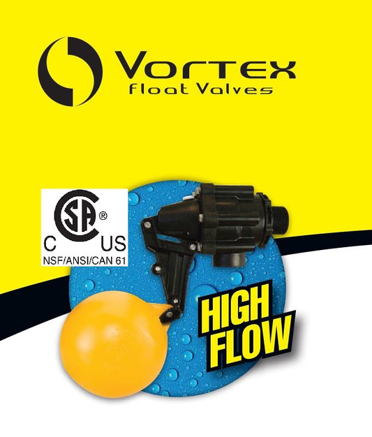 Jobe Valves Vortex float valve, with a yellow float and black body, designed for high flow water management, against a yellow background with 'HIGH FLOW' text.