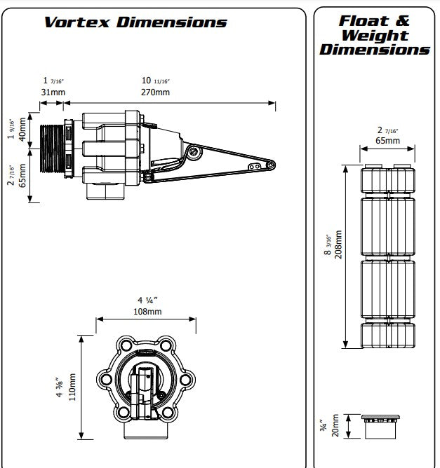 Jobe Valves Vortex PartFill Dimensions