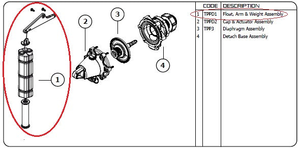 Topaz Float Valve Differential Float Assembly with Arm.  MPN J-TPPD1