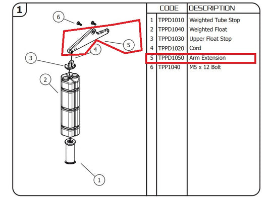 Jobe Valves Topaz Differential float valve arm extension.  J-TPPD1050