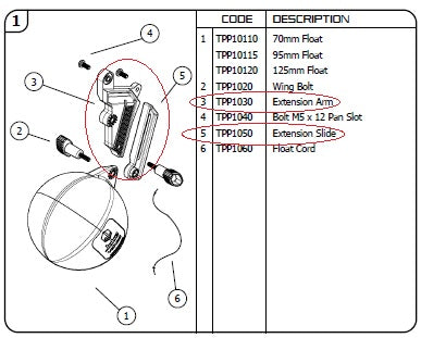 Jobe Topaz Float Valve Extension Arm Assembly.  J-TPP1030-1050