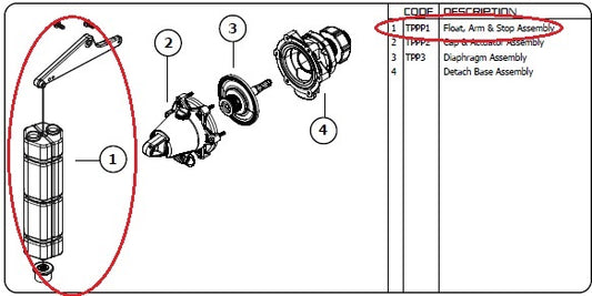 Topaz Partfill Valve Float Assembly and arm.  MPN J-TPPP1