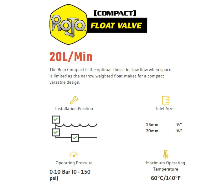 Rojo Compact float valve product page with specifications on a white background