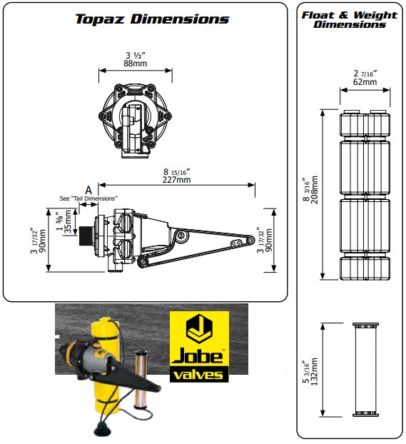 Jobe Valves Topaz Differential float valve dimensions.