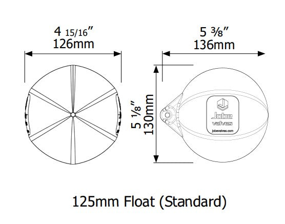 Topaz Float Valve Standard Float Dimensions.  